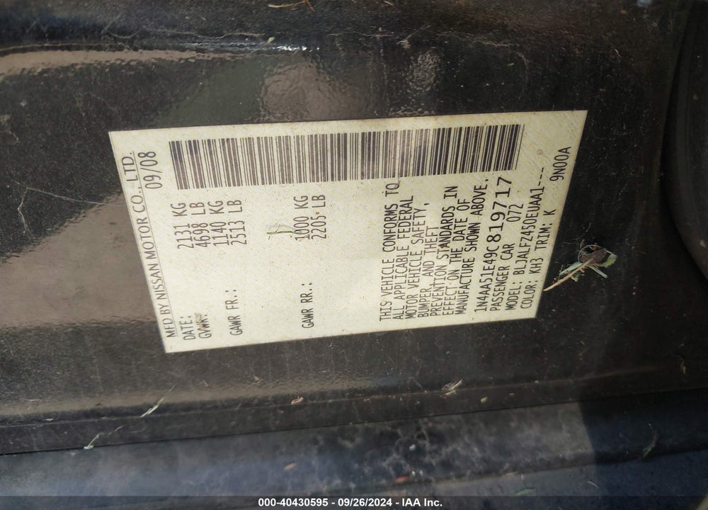 2009 NISSAN MAXIMA 3.5 SV VIN: 1N4AA51E49C819717