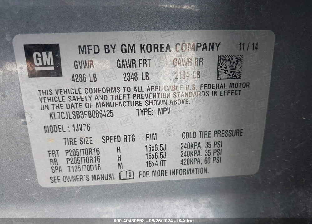 2015 CHEVROLET TRAX LT VIN: KL7CJLSB3FB086425