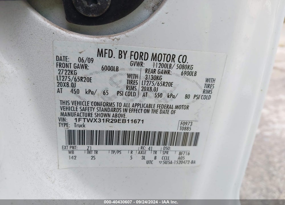 2009 FORD F-350 FX4/LARIAT/XL/XLT VIN: 1FTWX31R29EB11671