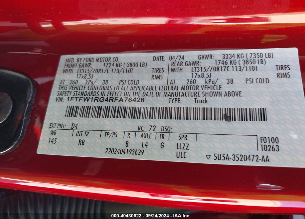 2024 FORD F-150 RAPTOR VIN: 1FTFW1RG4RFA76426