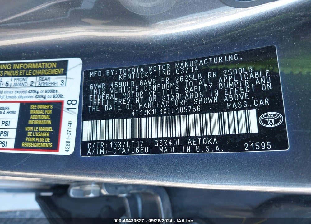 2014 TOYOTA AVALON XLE TOURING VIN: 4T1BK1EBXEU105756