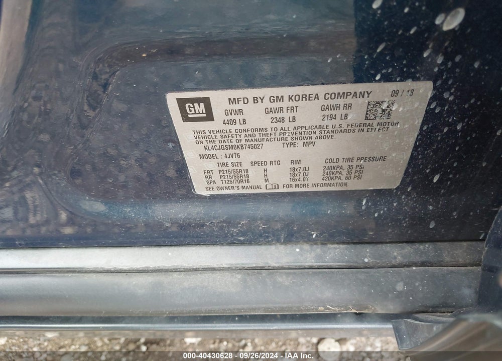 2019 BUICK ENCORE AWD ESSENCE VIN: KL4CJGSM0KB745027