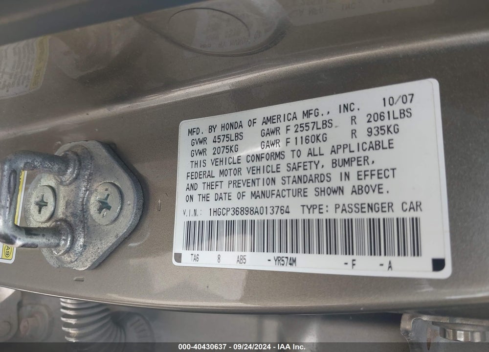 2008 HONDA ACCORD 3.5 EX-L VIN: 1HGCP36898A013764