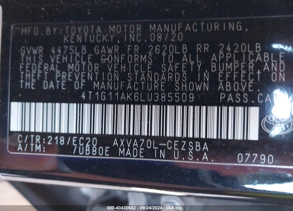 2020 TOYOTA CAMRY SE NIGHTSHADE EDITION VIN: 4T1G11AK6LU385509