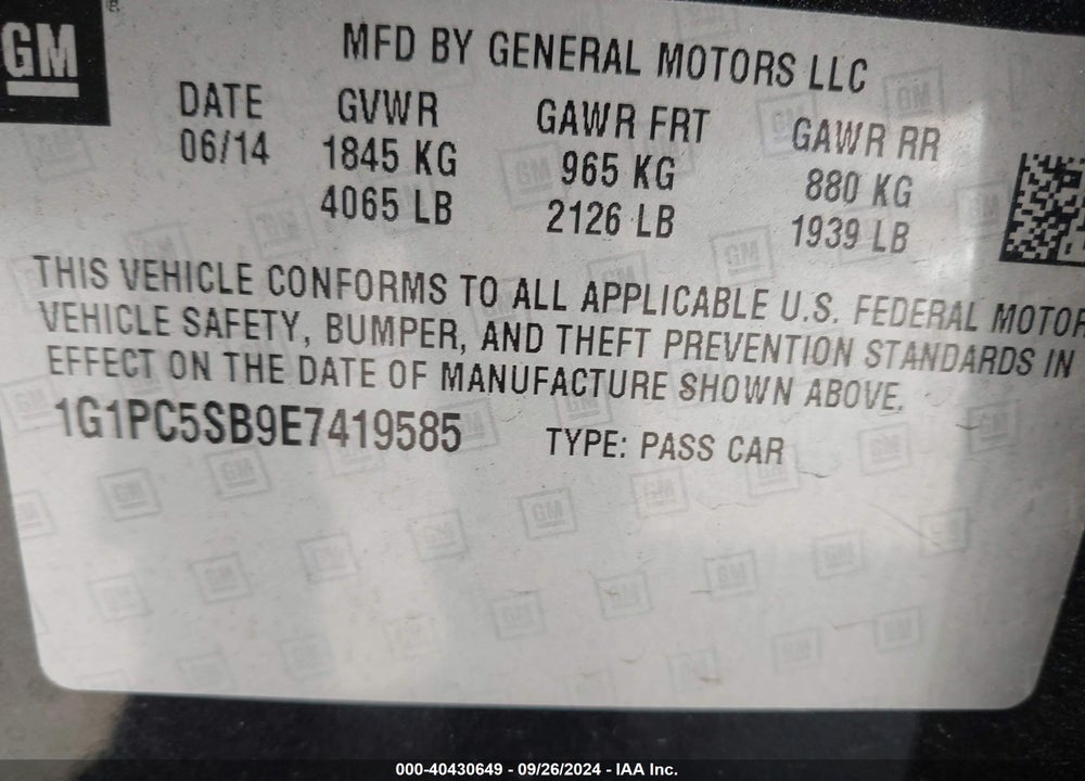 2014 CHEVROLET CRUZE 1LT AUTO VIN: 1G1PC5SB9E7419585