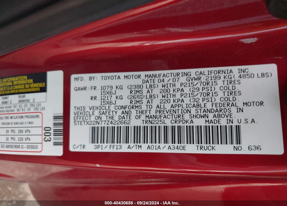 2007 TOYOTA TACOMA VIN: 5TETX22N77Z422662