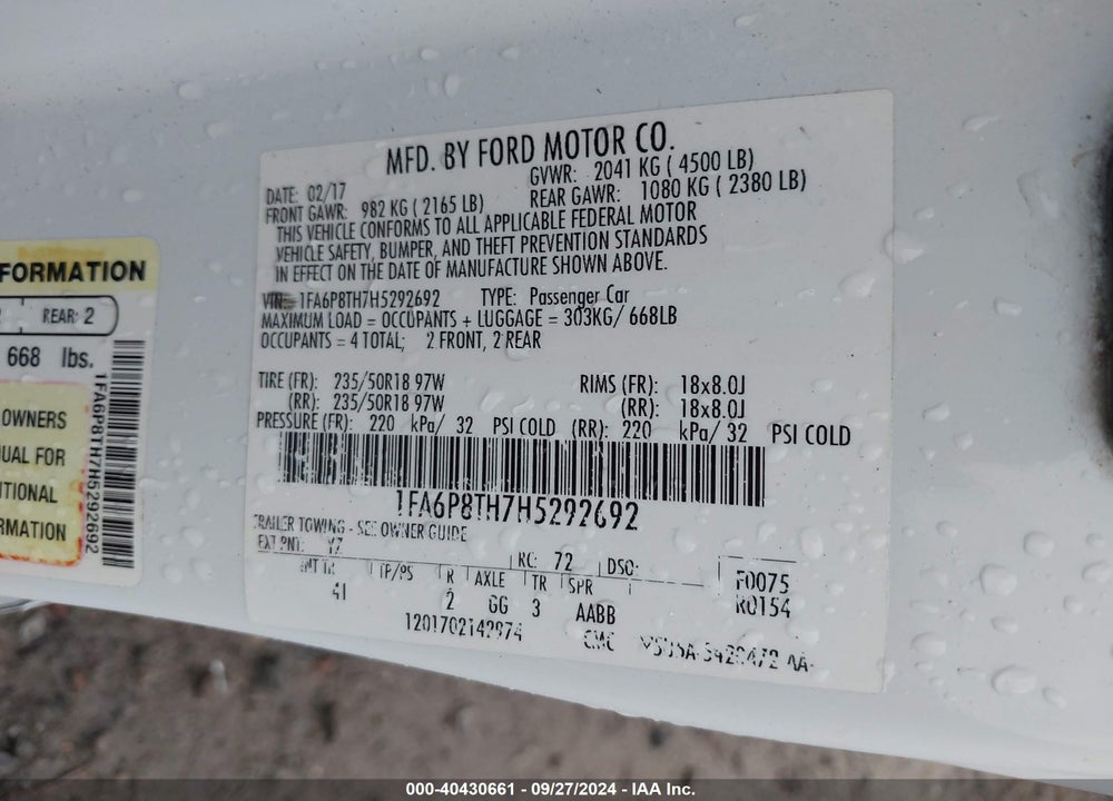 2017 FORD MUSTANG ECOBOOST VIN: 1FA6P8TH7H5292692