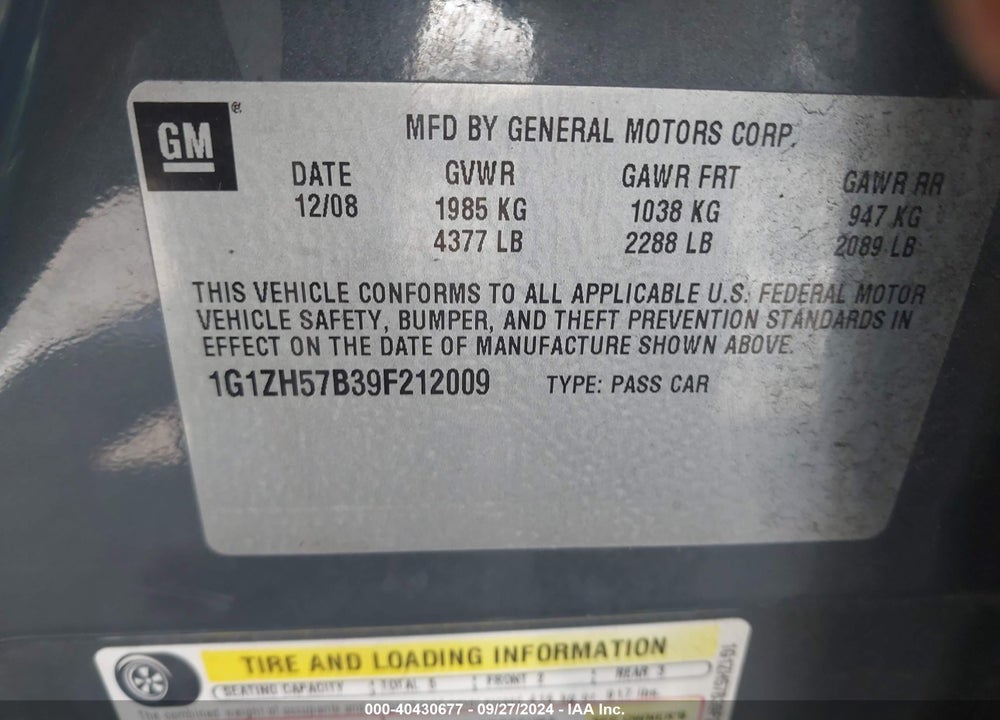 2009 CHEVROLET MALIBU LT VIN: 1G1ZH57B39F212009