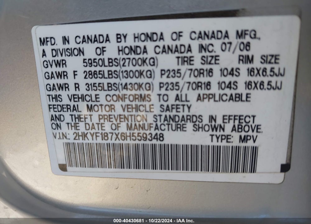 2006 HONDA PILOT EX-L VIN: 2HKYF187X6H559348