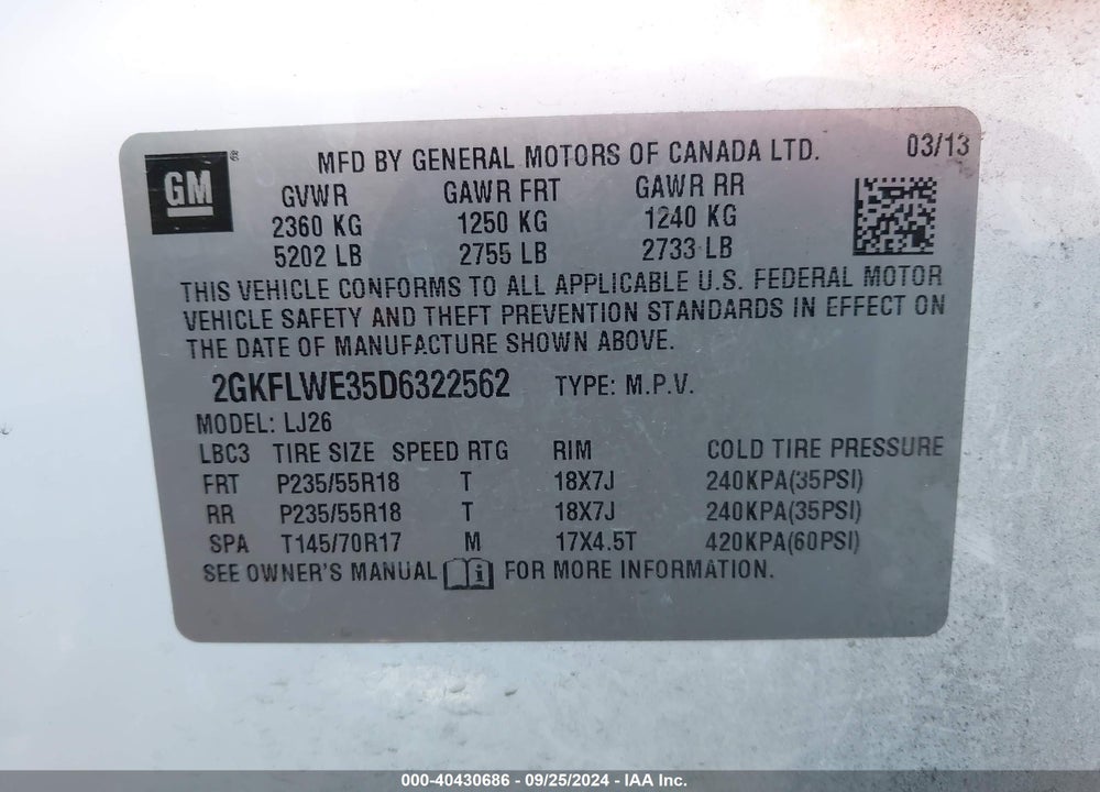 2013 GMC TERRAIN SLT-2 VIN: 2GKFLWE35D6322562