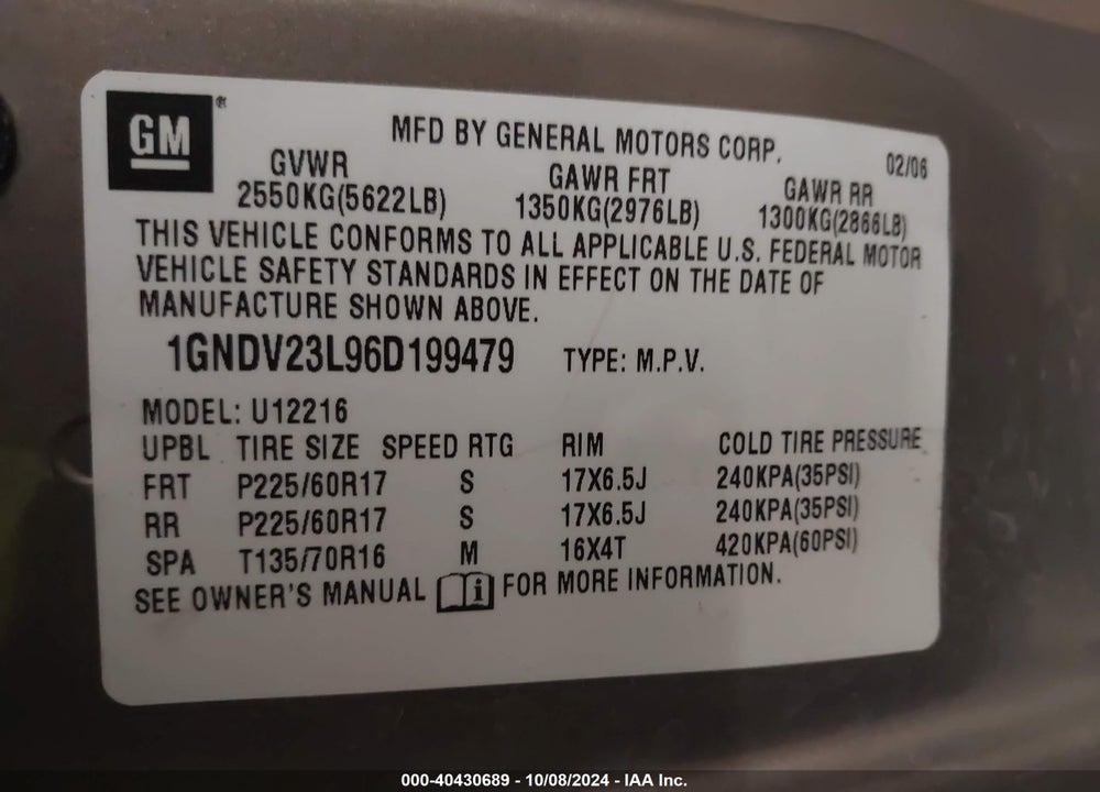 2006 CHEVROLET UPLANDER LS VIN: 1GNDV23L96D199479
