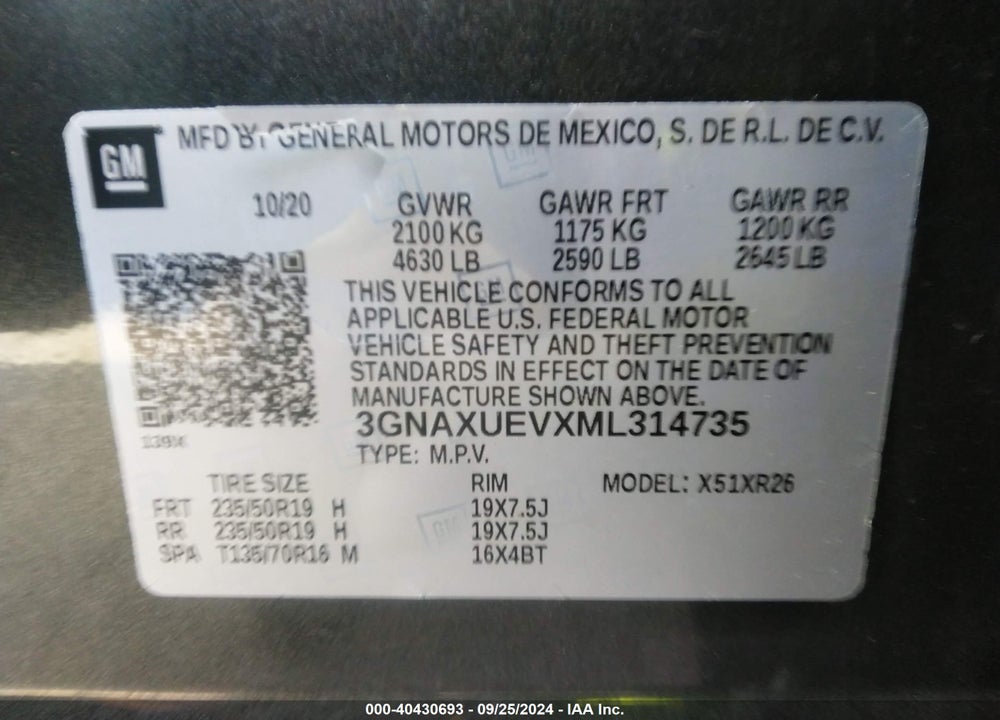 2021 CHEVROLET EQUINOX AWD LT VIN: 3GNAXUEVXML314735