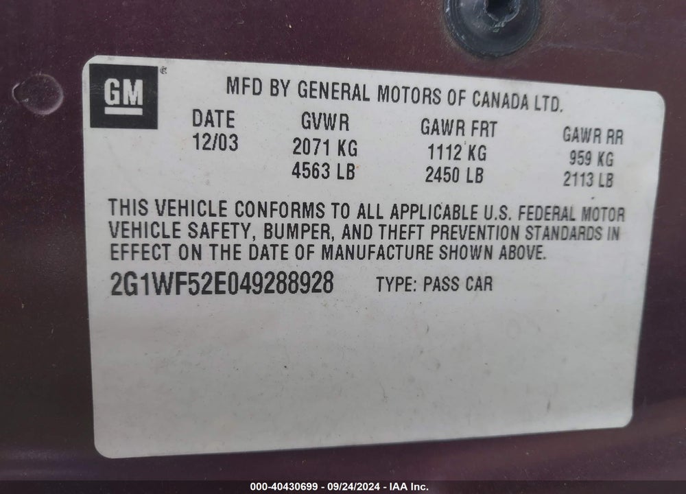 2004 CHEVROLET IMPALA VIN: 2G1WF52E049288928
