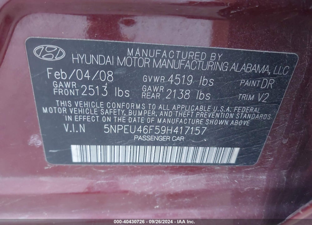 2009 HYUNDAI SONATA LIMITED V6 VIN: 5NPEU46F59H417157