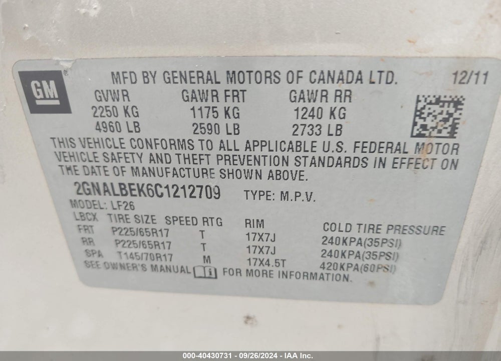 2012 CHEVROLET EQUINOX LS VIN: 2GNALBEK6C1212709