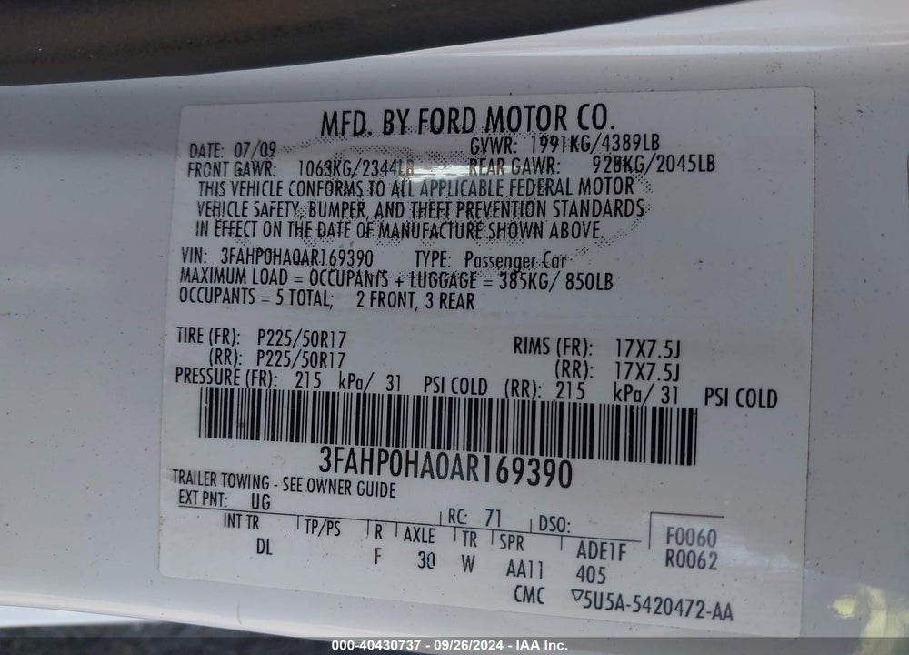 2010 FORD FUSION SE VIN: 3FAHP0HA0AR169390