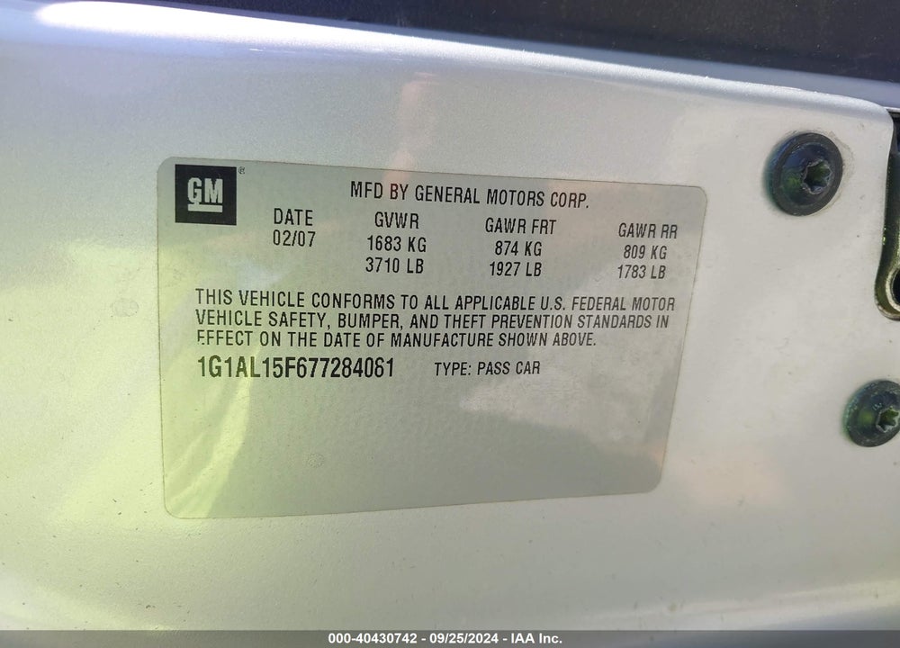 2007 CHEVROLET COBALT LT VIN: 1G1AL15F677284081