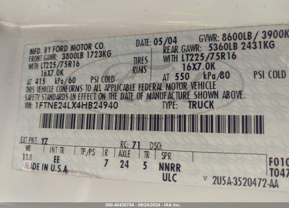 2004 FORD E-250 COMMERCIAL/RECREATIONAL VIN: 1FTNE24LX4HB24940