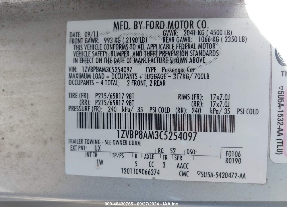 2012 FORD MUSTANG V6 VIN: 1ZVBP8AM3C5254097