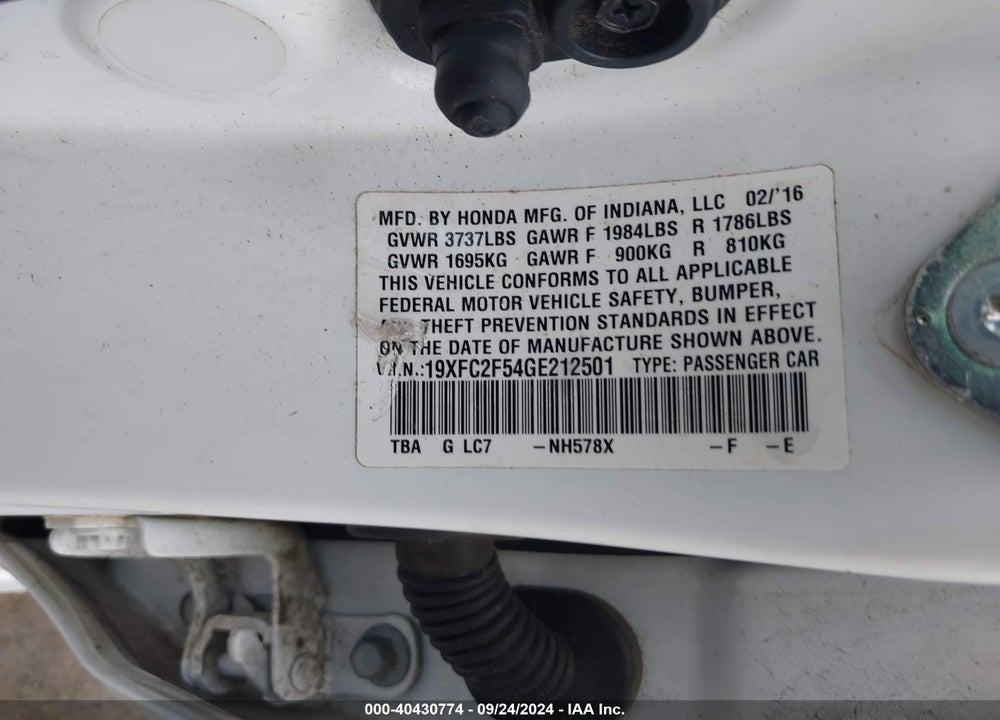 2016 HONDA CIVIC LX VIN: 19XFC2F54GE212501