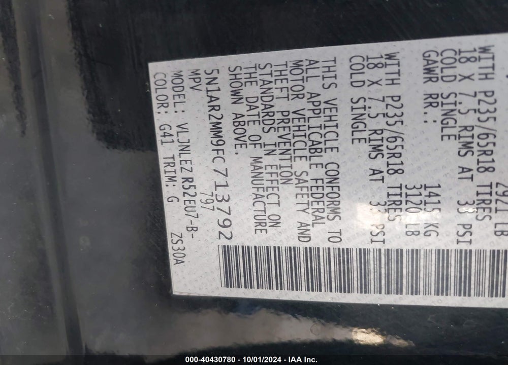 2015 NISSAN PATHFINDER SV VIN: 5N1AR2MM9FC713792