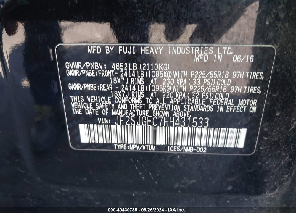 2017 SUBARU FORESTER 2.0XT PREMIUM VIN: JF2SJGEC7HH431533