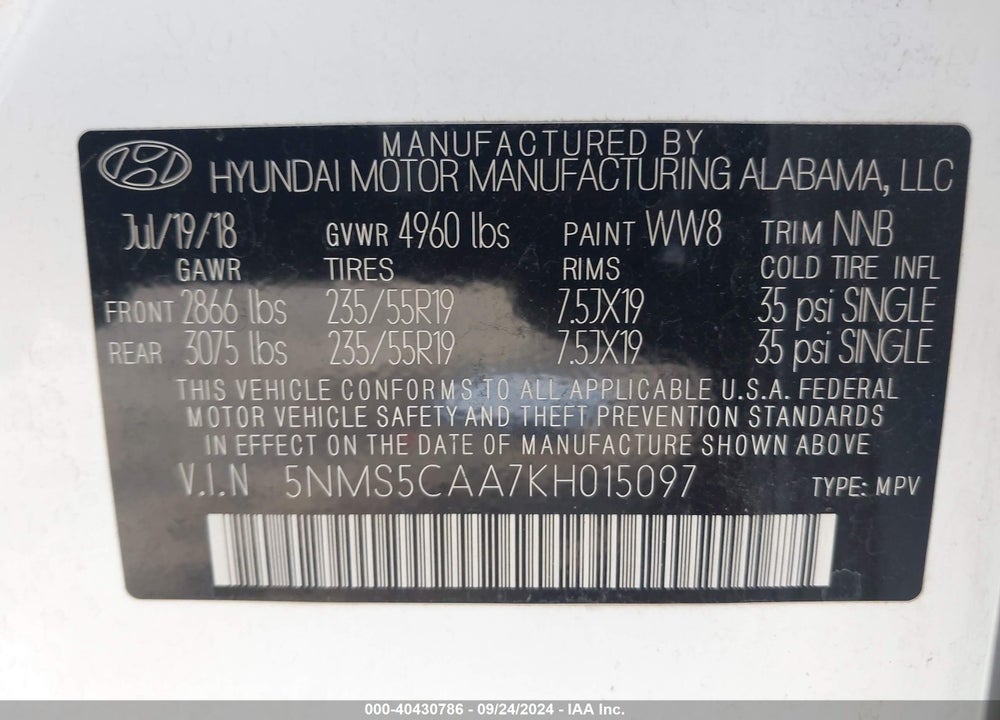 2019 HYUNDAI SANTA FE LIMITED 2.0T VIN: 5NMS5CAA7KH015097