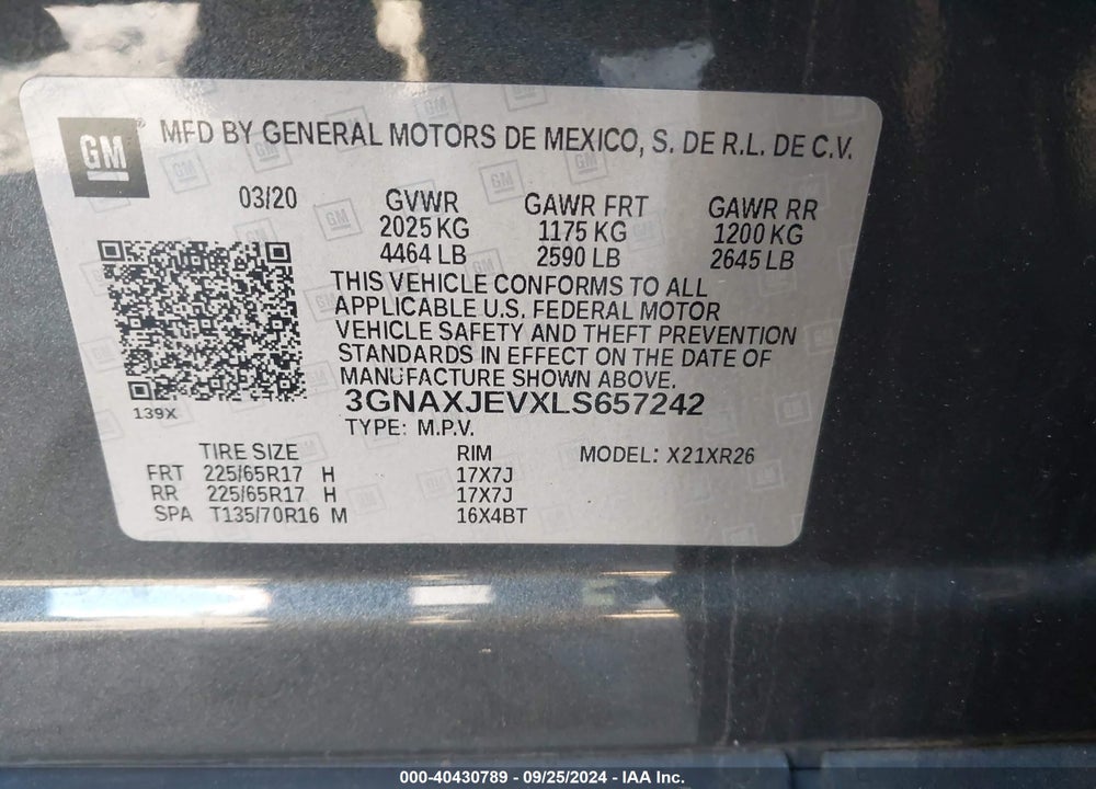 2020 CHEVROLET EQUINOX FWD 2FL VIN: 3GNAXJEVXLS657242