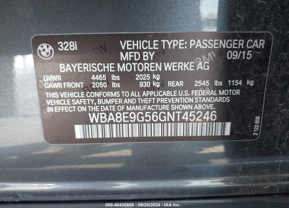 2016 BMW 328I VIN: WBA8E9G56GNT45246