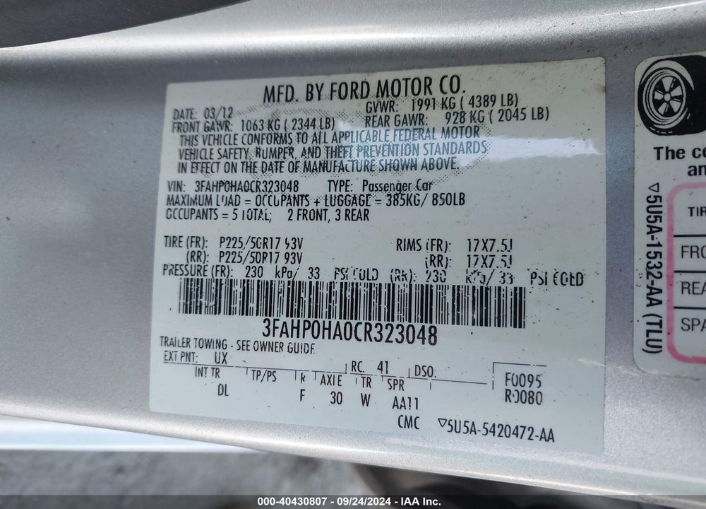 2012 FORD FUSION SE VIN: 3FAHP0HA0CR323048