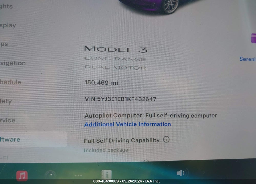 2019 TESLA MODEL 3 LONG RANGE/PERFORMANCE VIN: 5YJ3E1EB1KF432647