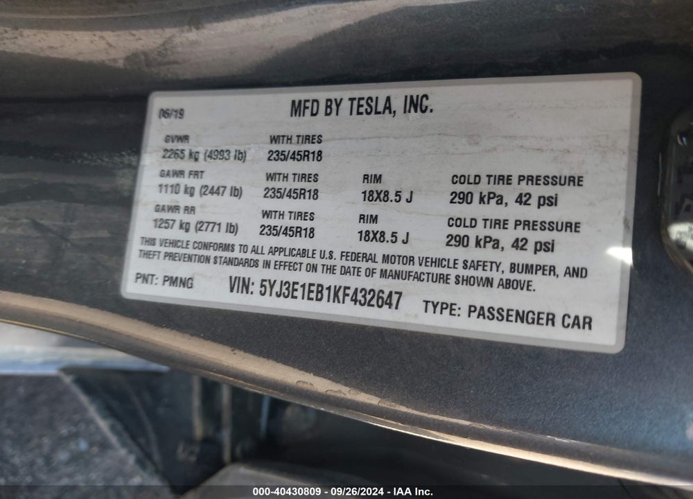 2019 TESLA MODEL 3 LONG RANGE/PERFORMANCE VIN: 5YJ3E1EB1KF432647