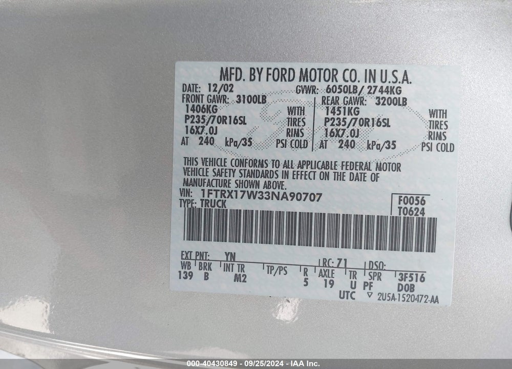 2003 FORD F-150 LARIAT/XL/XLT VIN: 1FTRX17W33NA90707