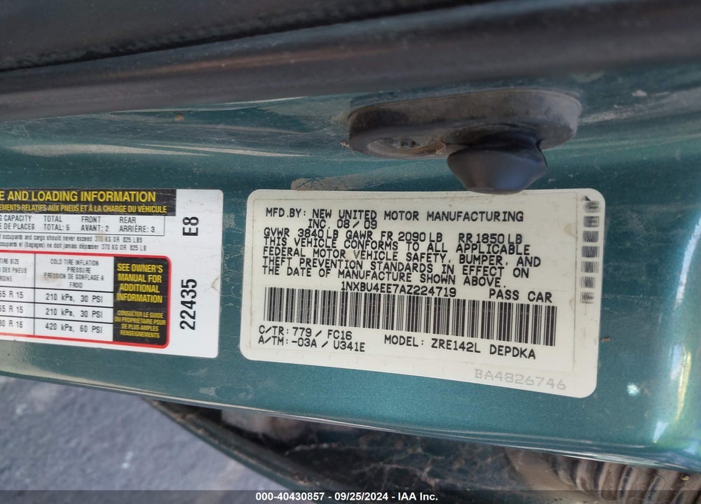 2010 TOYOTA COROLLA LE VIN: 1NXBU4EE7AZ224719
