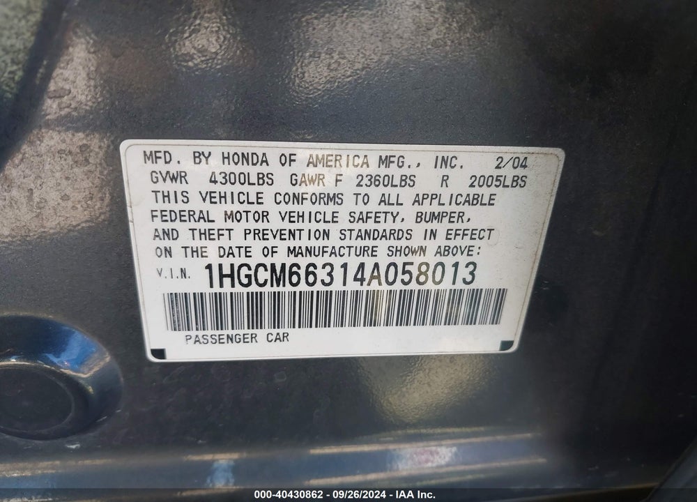 2004 HONDA ACCORD 3.0 LX VIN: 1HGCM66314A058013