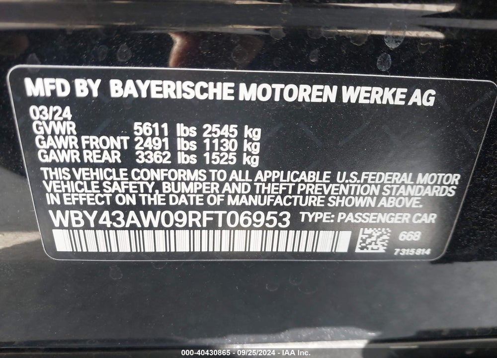 2024 BMW I4 EDRIVE35 VIN: WBY43AW09RFT06953