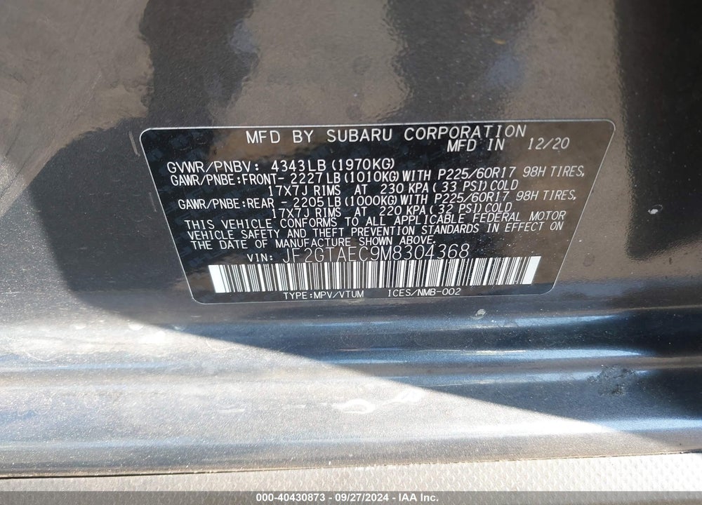 2021 SUBARU CROSSTREK PREMIUM VIN: JF2GTAEC9M8304368