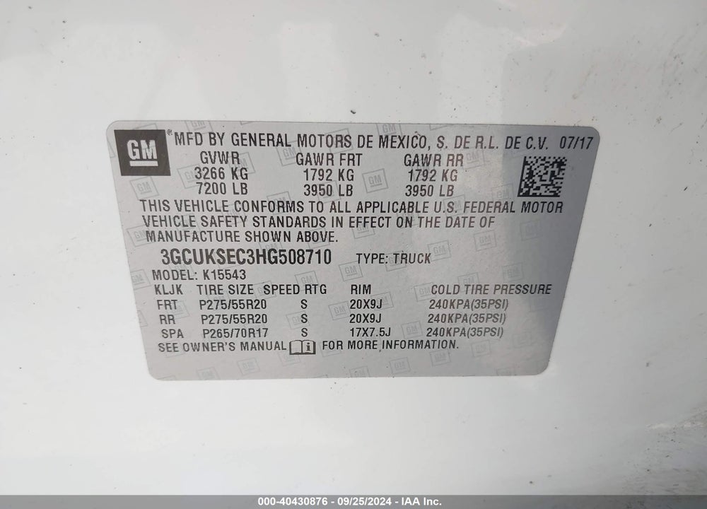 2017 CHEVROLET SILVERADO 1500 1LZ VIN: 3GCUKSEC3HG508710