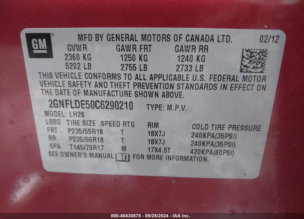 2012 CHEVROLET EQUINOX 1LT VIN: 2GNFLDE50C6290210