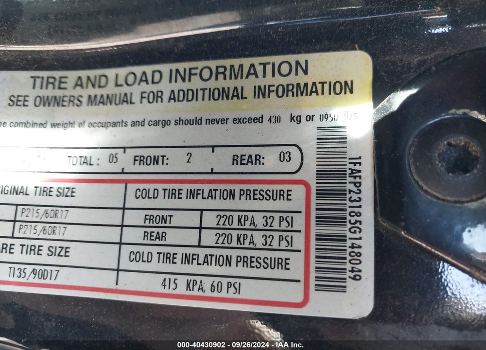 2005 FORD FIVE HUNDRED SE VIN: 1FAFP23185G148049