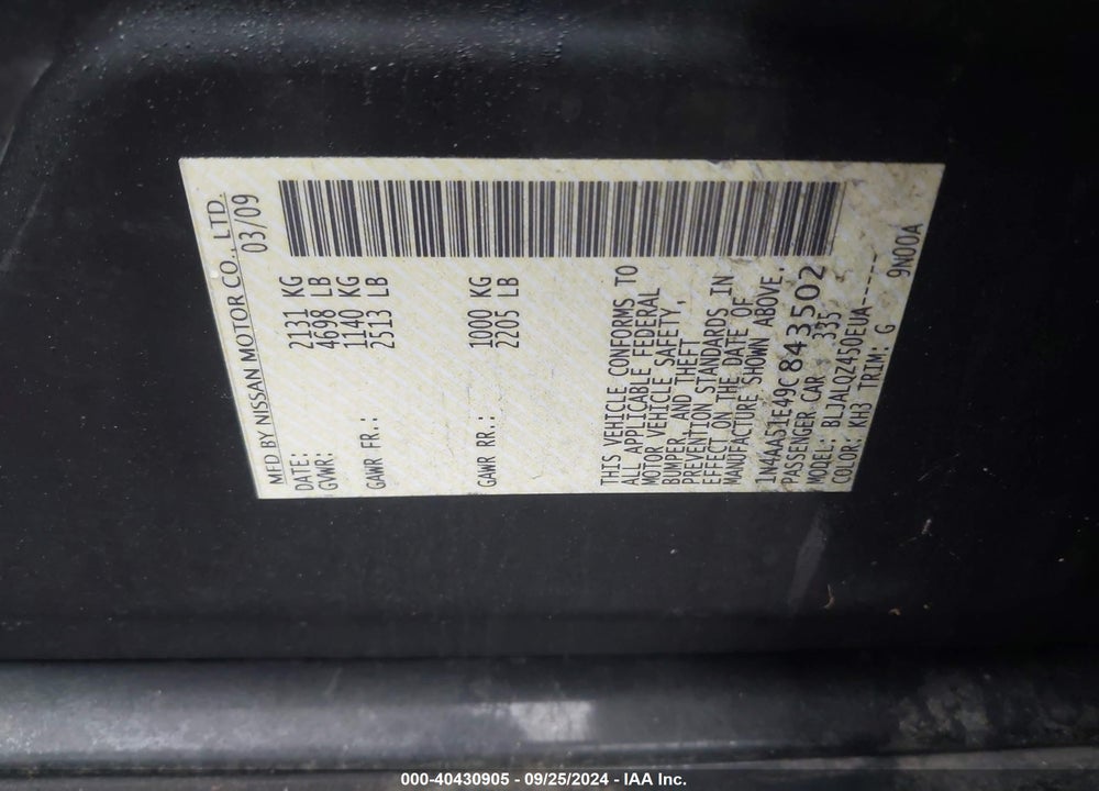 2009 NISSAN MAXIMA 3.5 S VIN: 1N4AA51E49C843502