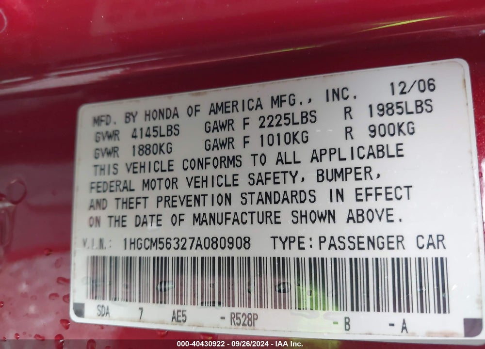 2007 HONDA ACCORD 2.4 SE VIN: 1HGCM56327A080908