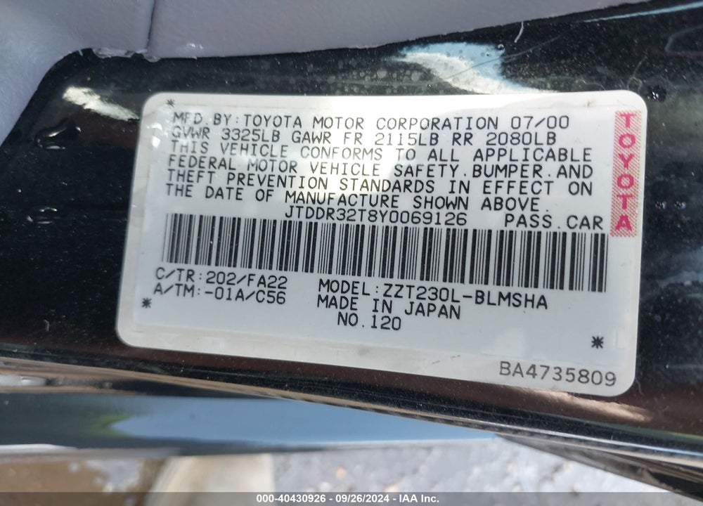 2000 TOYOTA CELICA GT VIN: JTDDR32T8Y0069126