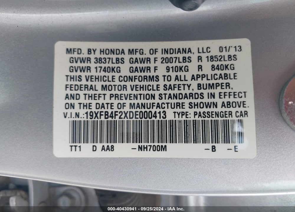 2013 HONDA CIVIC HYBRID VIN: 19XFB4F2XDE000413