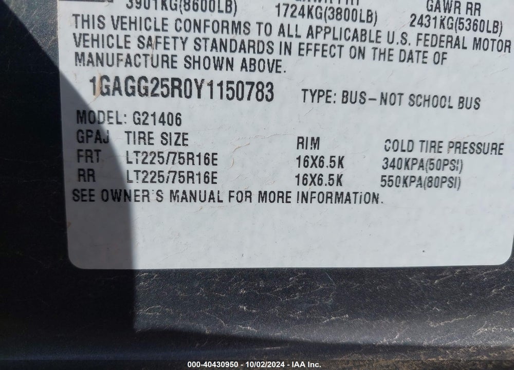 2000 CHEVROLET EXPRESS VIN: 1GAGG25R0Y1150783