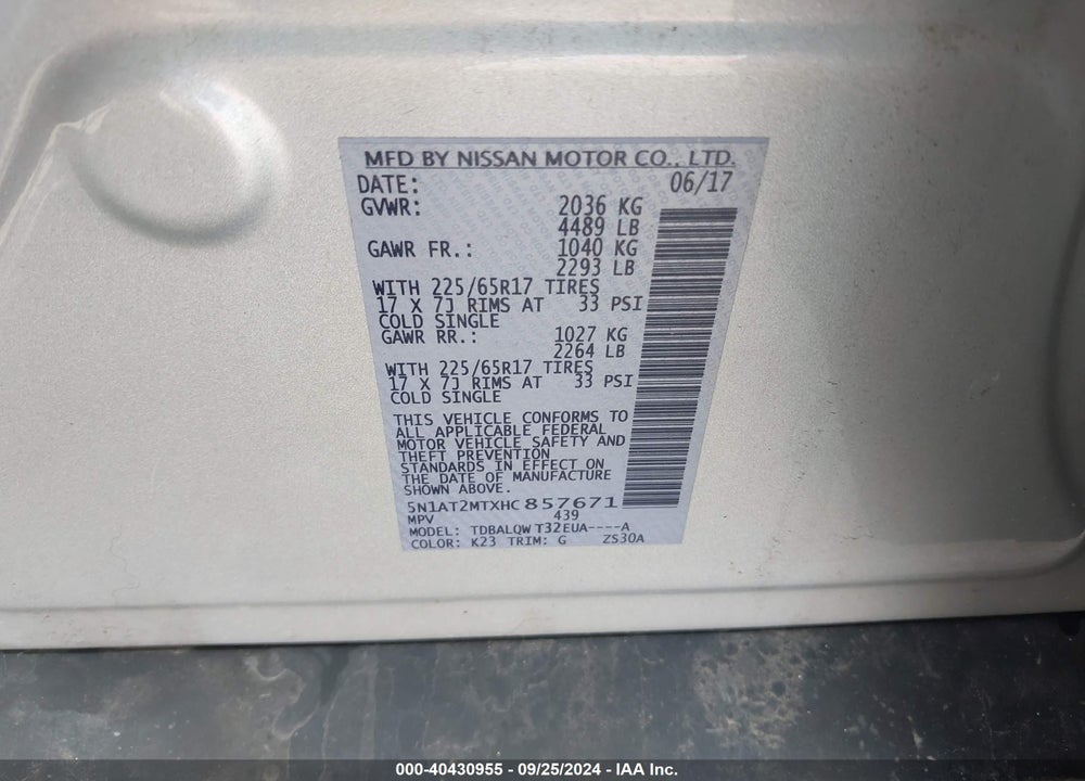 2017 NISSAN ROGUE SV VIN: 5N1AT2MTXHC857671