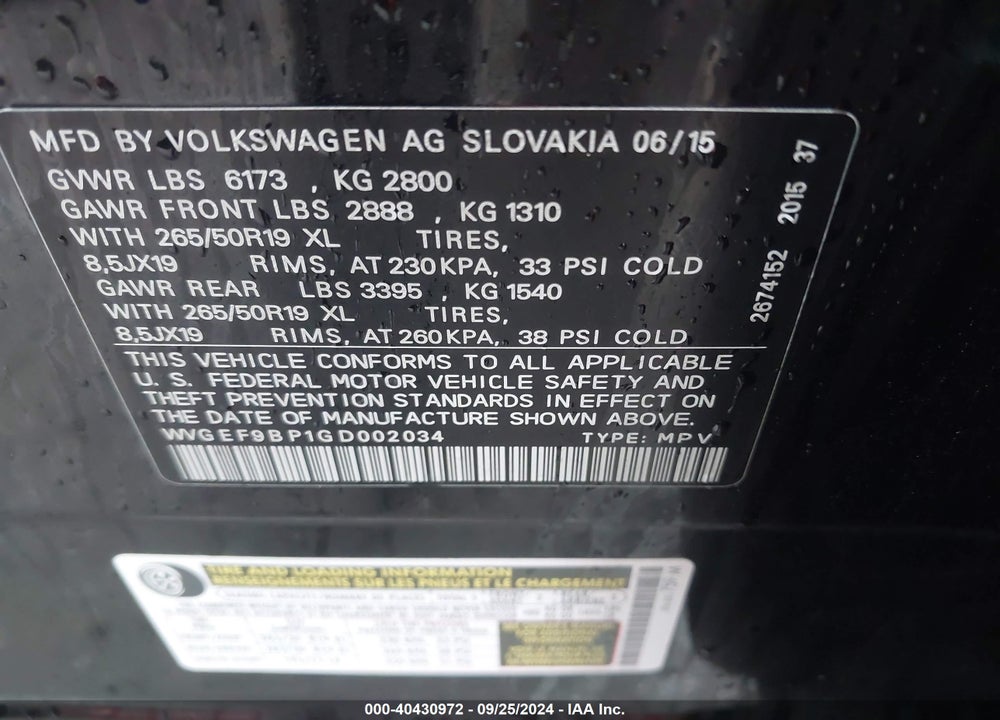 2016 VOLKSWAGEN TOUAREG VR6 LUX VIN: WVGEF9BP1GD002034