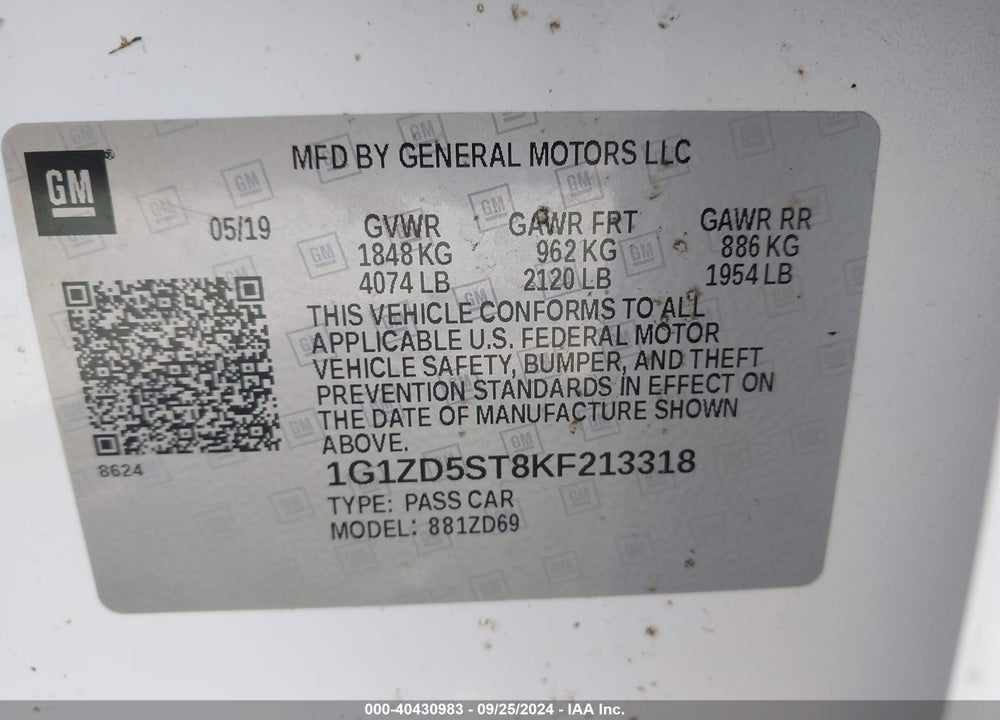 2019 CHEVROLET MALIBU LT VIN: 1G1ZD5ST8KF213318