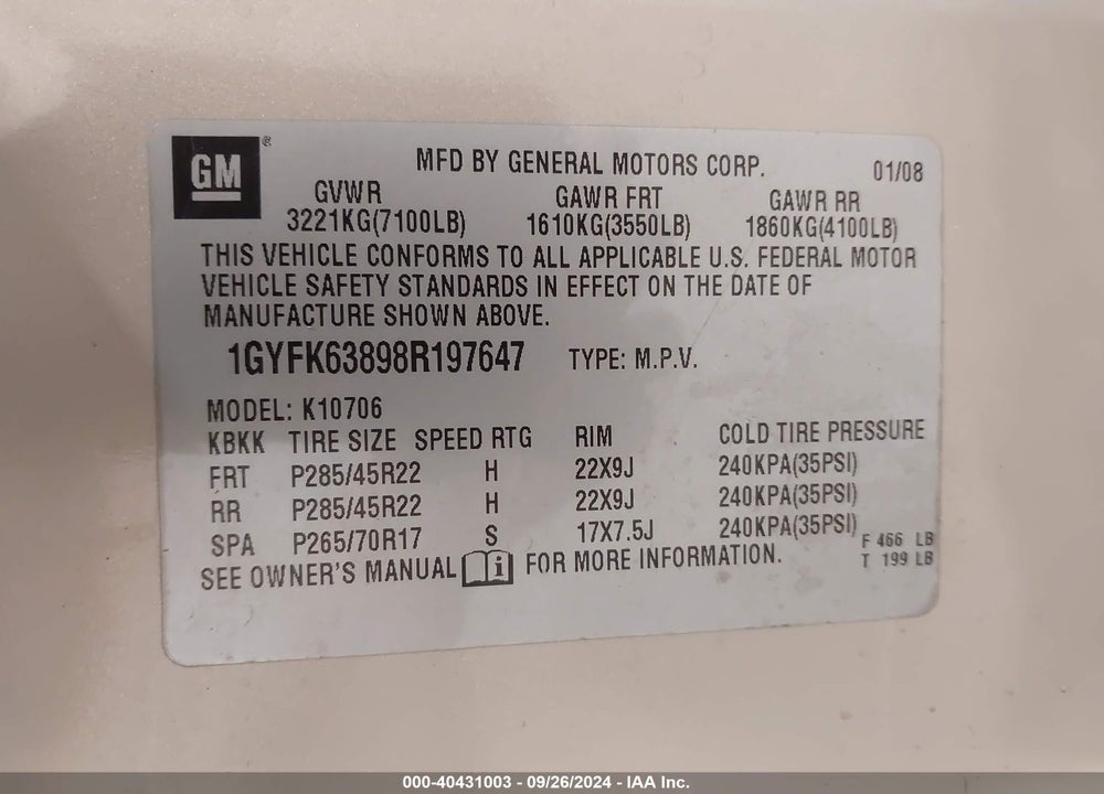 2008 CADILLAC ESCALADE STANDARD VIN: 1GYFK63898R197647