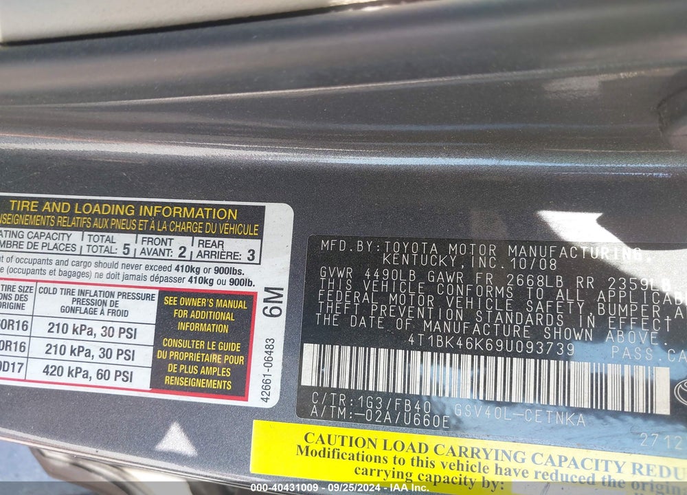 2009 TOYOTA CAMRY LE V6 VIN: 4T1BK46K69U093739